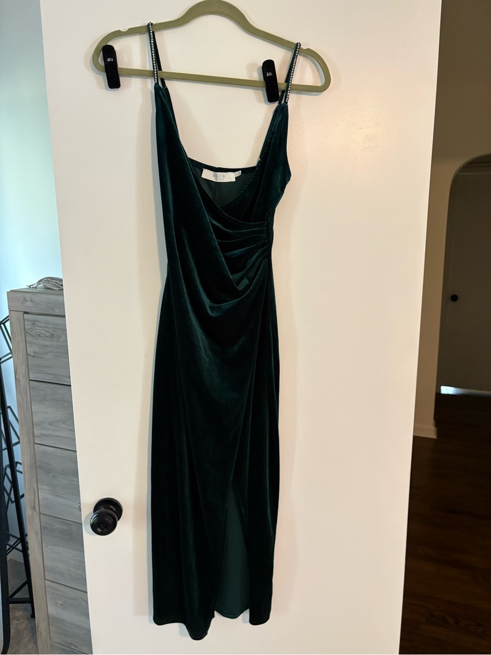 Astr Deep Green Velvet Midi Dress with left side leg slit